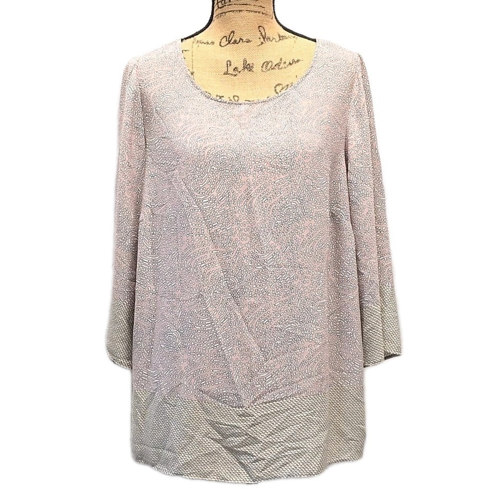 Rose + Olive 1X Blush Pink Abstract Print Top 3/4 Sleeve Keyhole Back Artsy Boho
